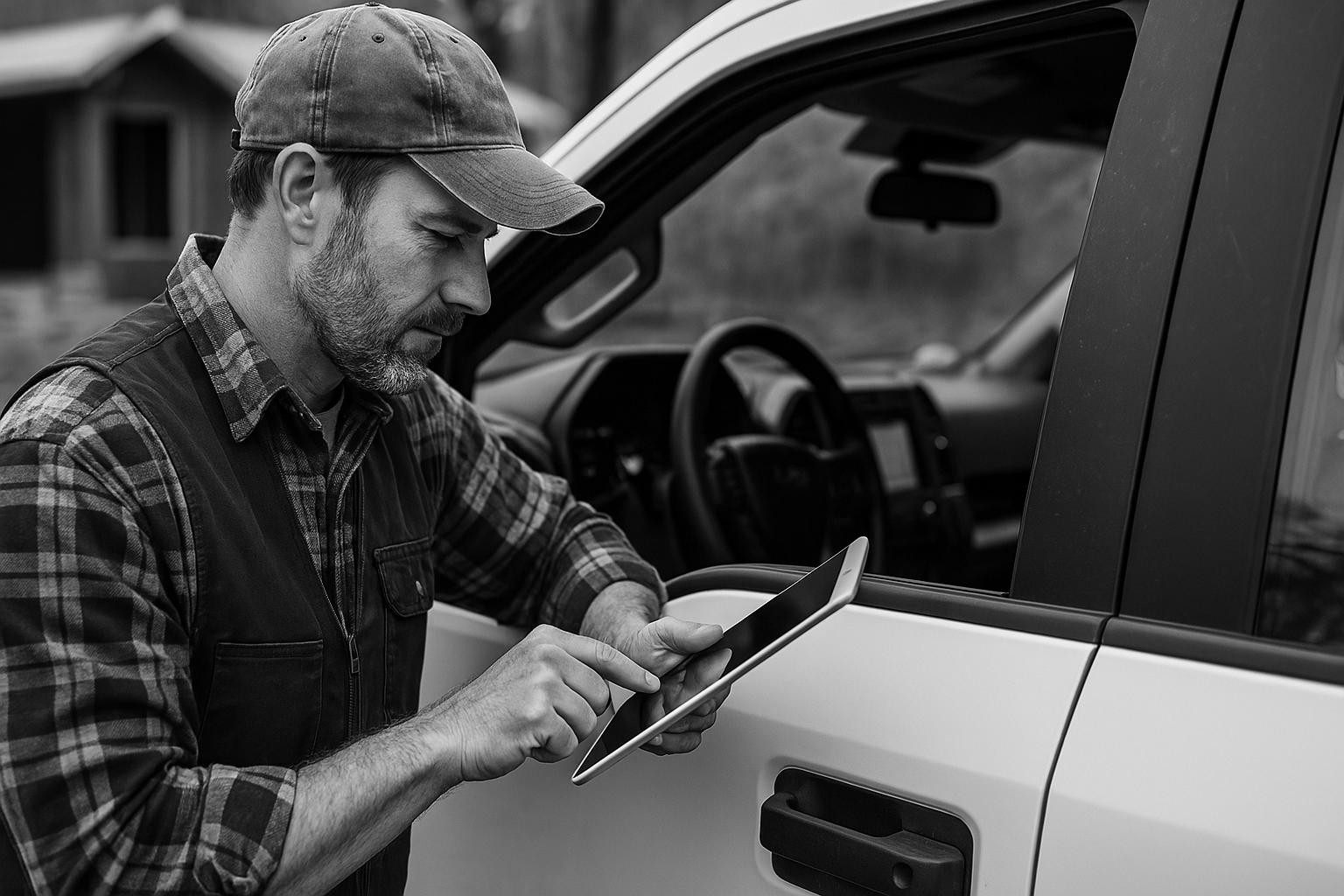 Home service technician reviewing workflow systems on a job site in North Texas